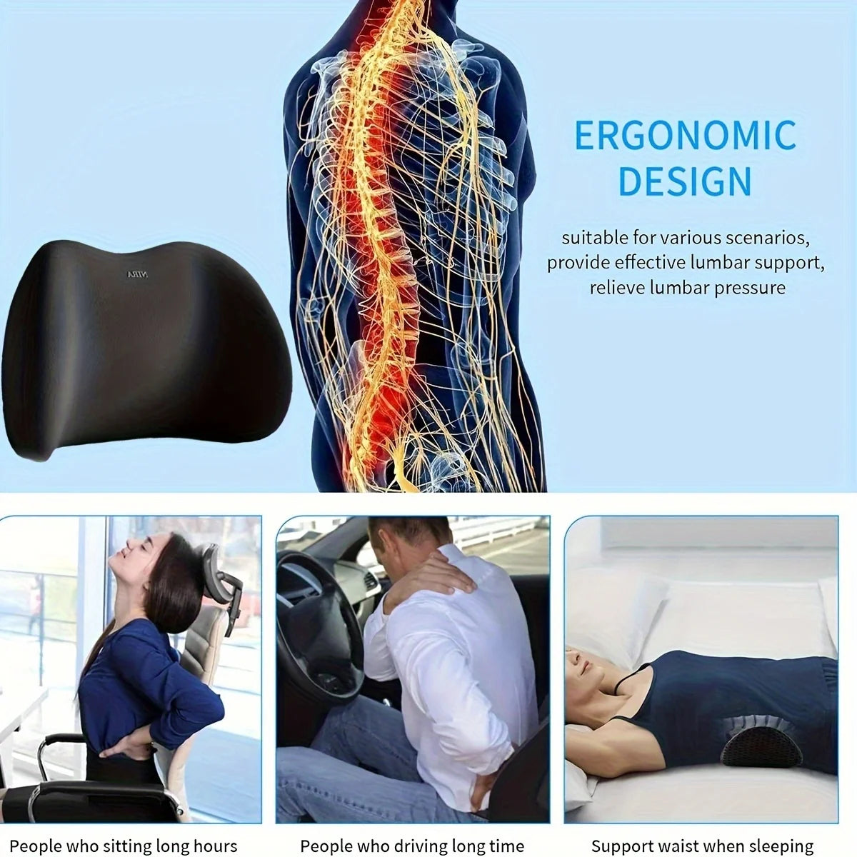 Ergonomic Memory Foam Lumbar Pillow for Office and Bed Sleepers